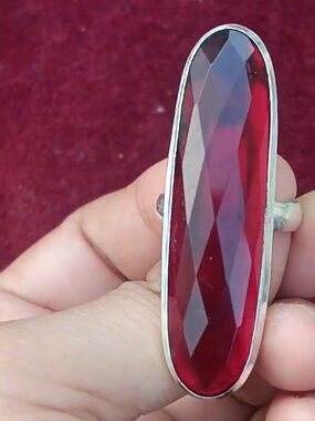 925 Sterling Silver Long Red Faceted Gemstone Ring